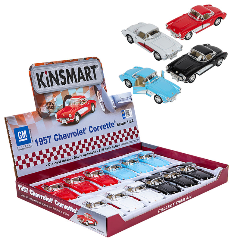 KinSmart 1957 Chevrolet Corvette die-cast model cars in display box showing multiple colors