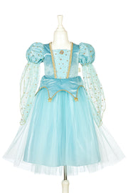 Light blue princess dress with gold trim and flowing sleeves on white mannequin