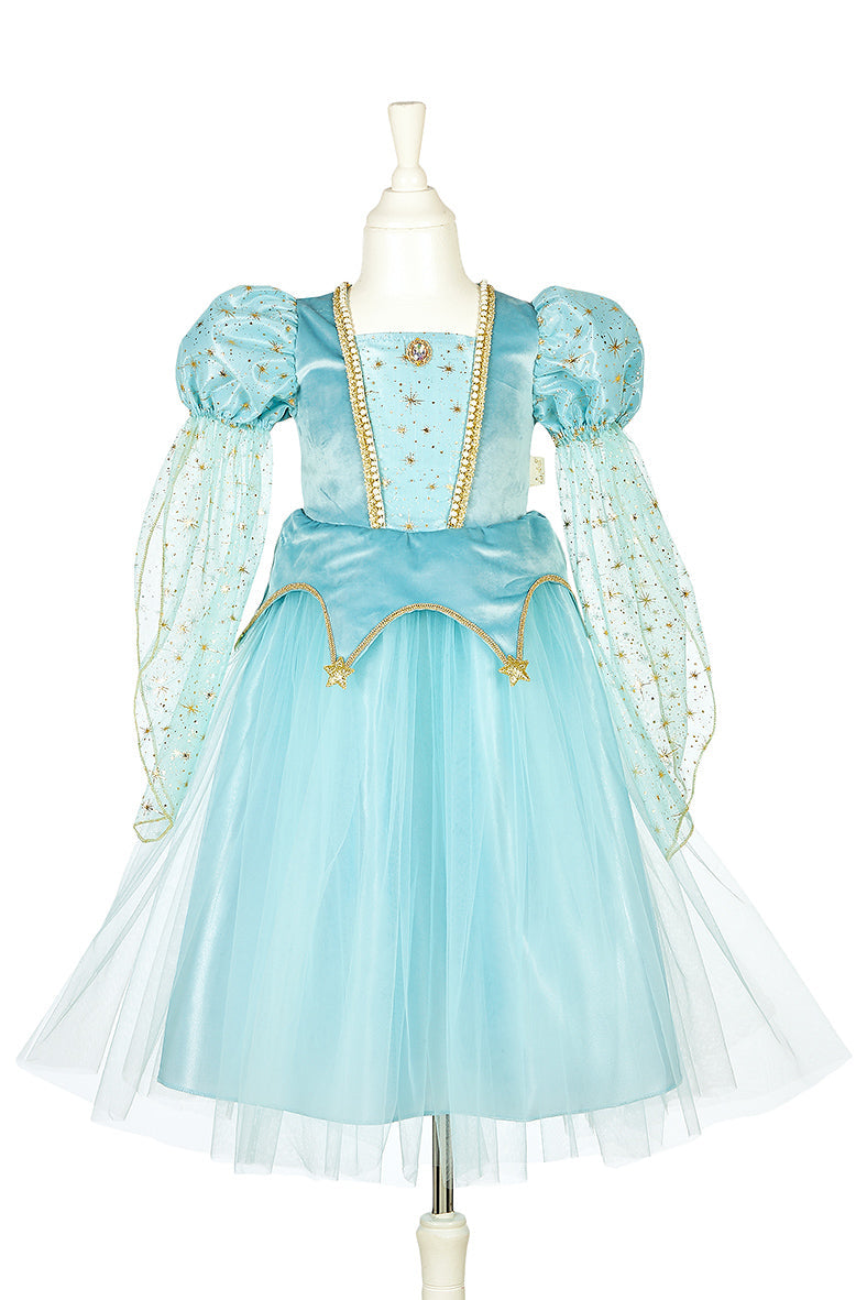 Light blue princess dress with gold trim and flowing sleeves on white mannequin