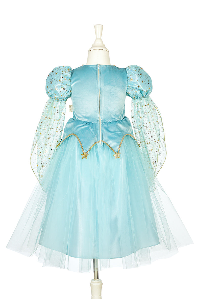 Light blue princess dress with puffy sparkly sleeves and tulle skirt on mannequin