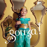 Child wearing turquoise genie costume with gold accents in mirror room