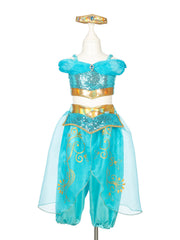 Turquoise Amira genie costume with sequined top, harem pants and matching tiara headpiece