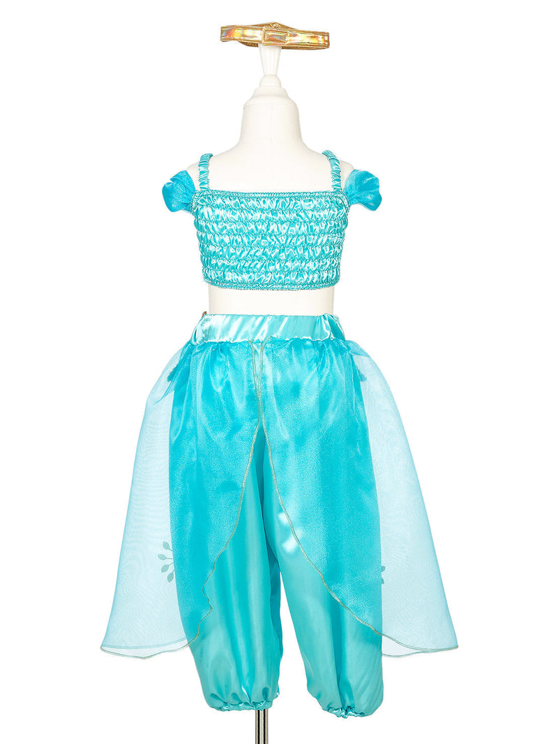 Turquoise Amira Genie costume set with crop top and harem pants on mannequin