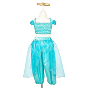 Turquoise Amira Genie costume set with crop top and harem pants on mannequin