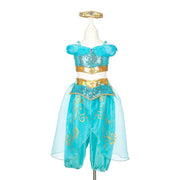 Turquoise Amira genie costume with sequined top, harem pants and matching tiara headpiece