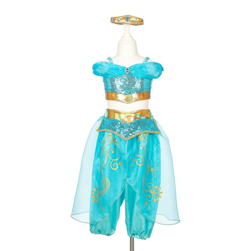 Turquoise Amira genie costume with sequined top, harem pants and matching tiara headpiece