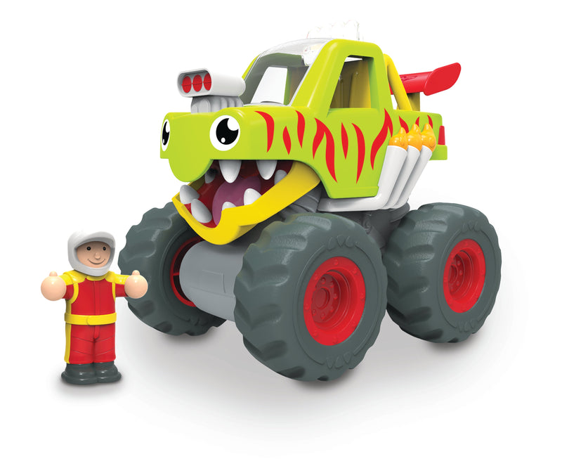 Green monster truck toy with dragon face design and red racing driver figure