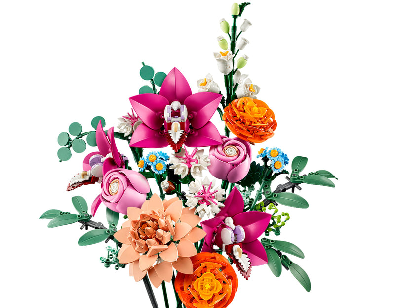Colorful LEGO flower bouquet with pink orchids roses orange ranunculus white snapdragons
