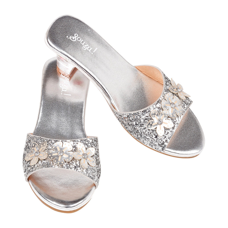 Silver glittery slip-on sandals with floral embellishments and clear heels