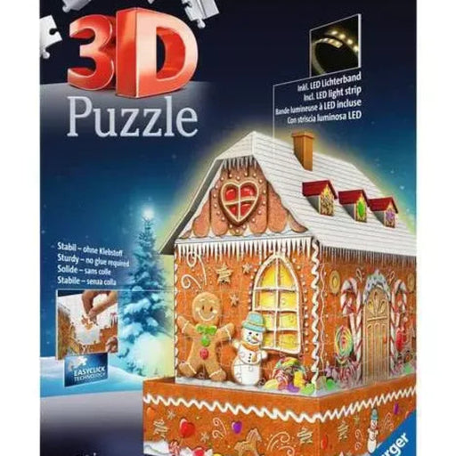 Ravensburger 3D puzzle box showing gingerbread house with LED lights for ages 8-99