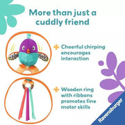 Ravensburger infographic showing colorful bird toy with chirping sounds and wooden teething ring features