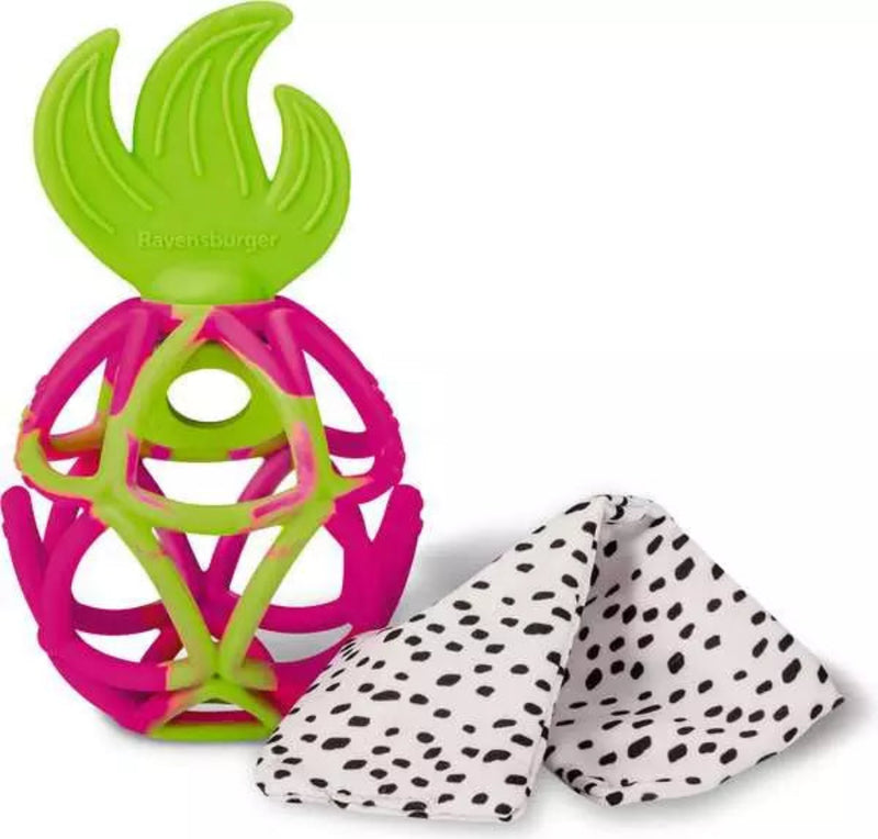 Ravensburger pink and green pineapple teething toy with black and white spotted muslin cloth