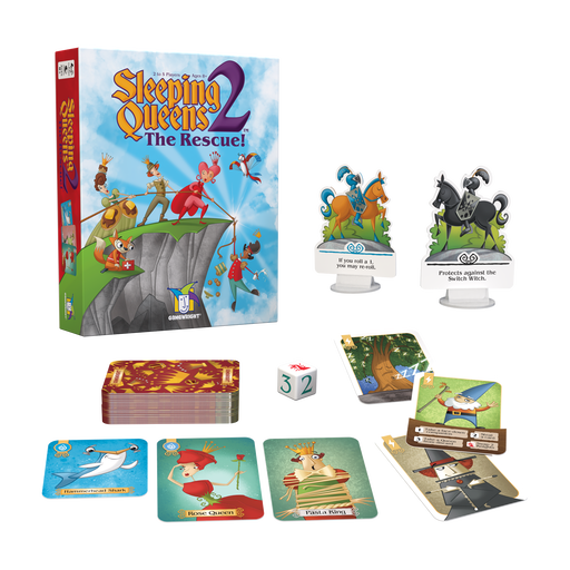 Sleeping Queens 2 The Rescue board game box with cards and game components displayed