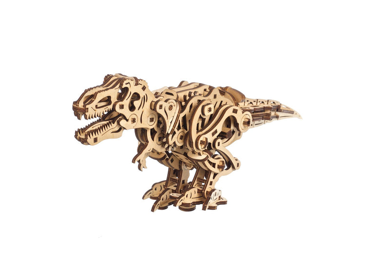 Wooden mechanical Tyrannosaurus Rex puzzle model with intricate gear mechanisms