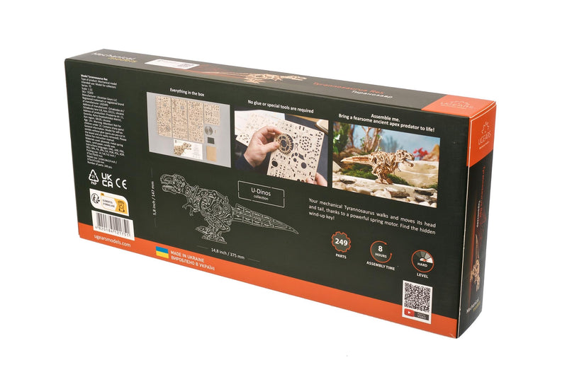 UGears wooden mechanical Tyrannosaurus Rex model kit packaging box showing assembly details