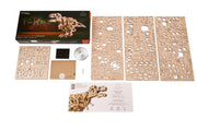 UGears Tyrannosaurus Rex wooden mechanical model kit with laser-cut parts and assembly instructions
