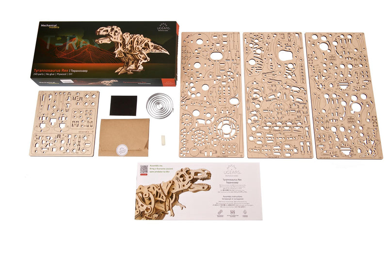 UGears Tyrannosaurus Rex wooden mechanical model kit with laser-cut parts and assembly instructions