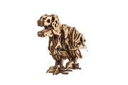 Wooden laser-cut Tyrannosaurus Rex dinosaur model puzzle kit on white background
