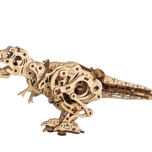 Wooden mechanical T-Rex dinosaur puzzle model kit with visible gears and joints