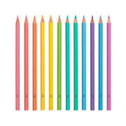 Colorful double-ended colored pencils arranged in spectrum order on white background