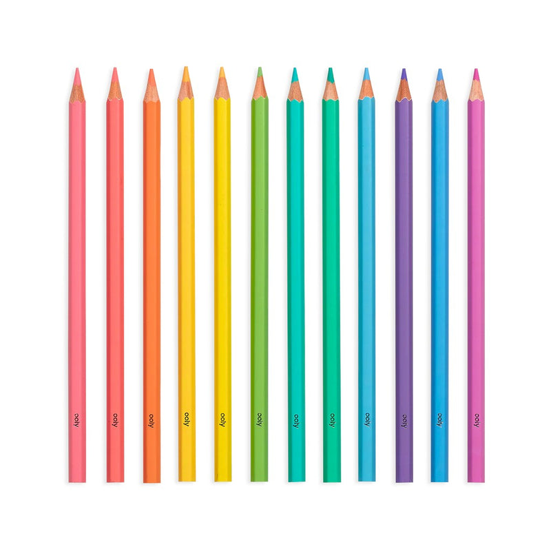 Colorful double-ended colored pencils arranged in spectrum order on white background