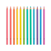 Colorful double-ended colored pencils arranged in spectrum order on white background