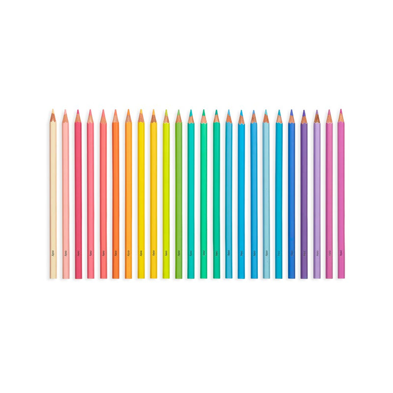 Set of double-ended colored pencils arranged in rainbow spectrum in gray case