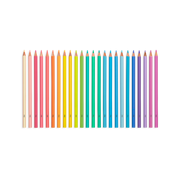 Set of double-ended colored pencils arranged in rainbow spectrum in gray case