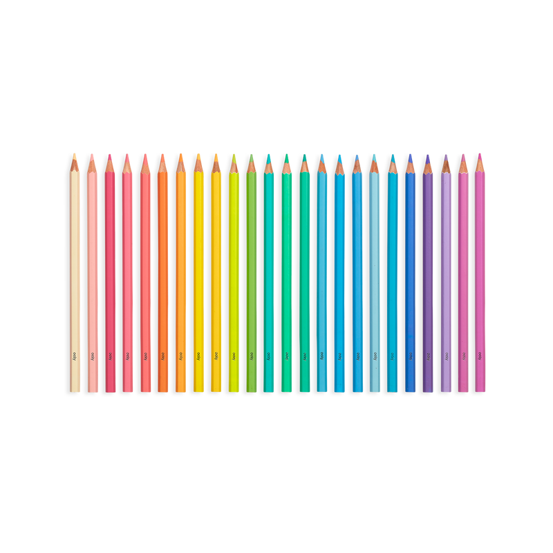 Set of double-ended colored pencils arranged in rainbow spectrum in gray case