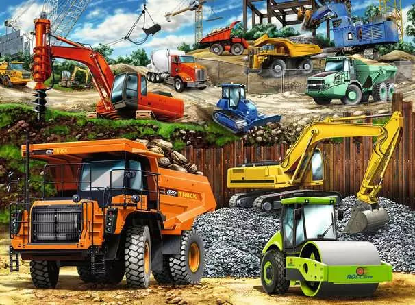 Construction vehicles puzzle showing excavators, dump trucks, bulldozers at work site