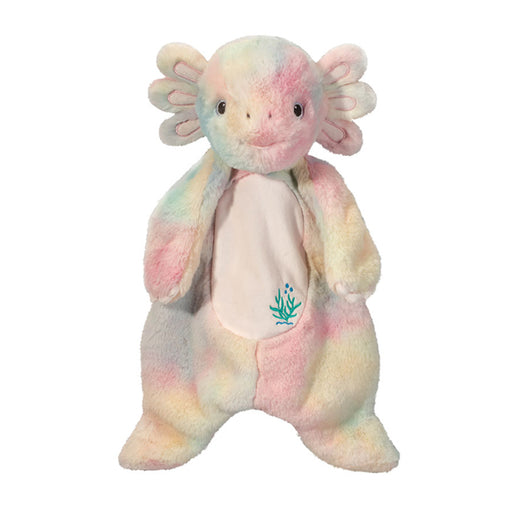 Multicolor pastel axolotl plush toy with external gills and embroidered belly detail