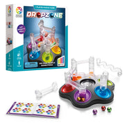 Drop Zone puzzle game by Smart Games with marble run track and colorful containers,