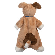 Brown plush puppy lovey blanket with floppy ears and white accents on clean background