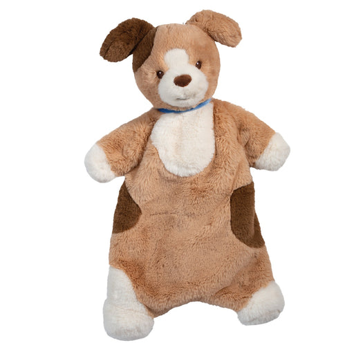 Brown and white plush puppy lovey blanket with blue collar on white background