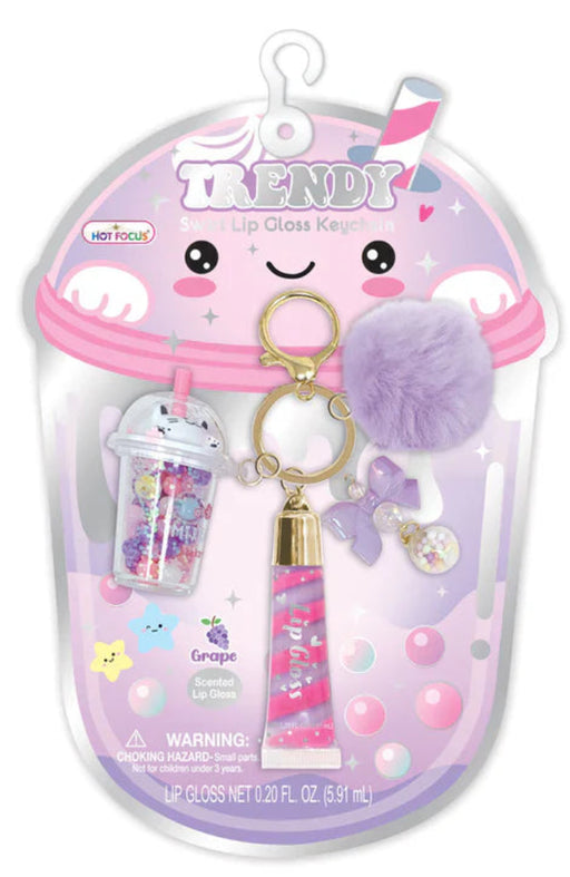 Hot Focus Trendy lip gloss keychain set in boba-themed packaging with purple pom pom