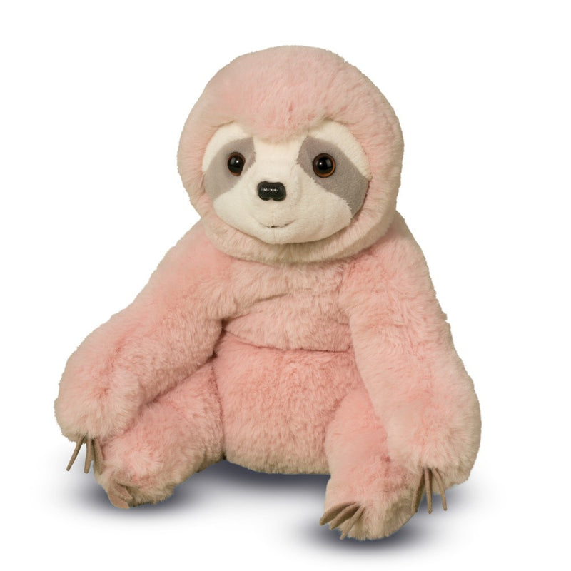 Pink plush sloth stuffed animal sitting against white background