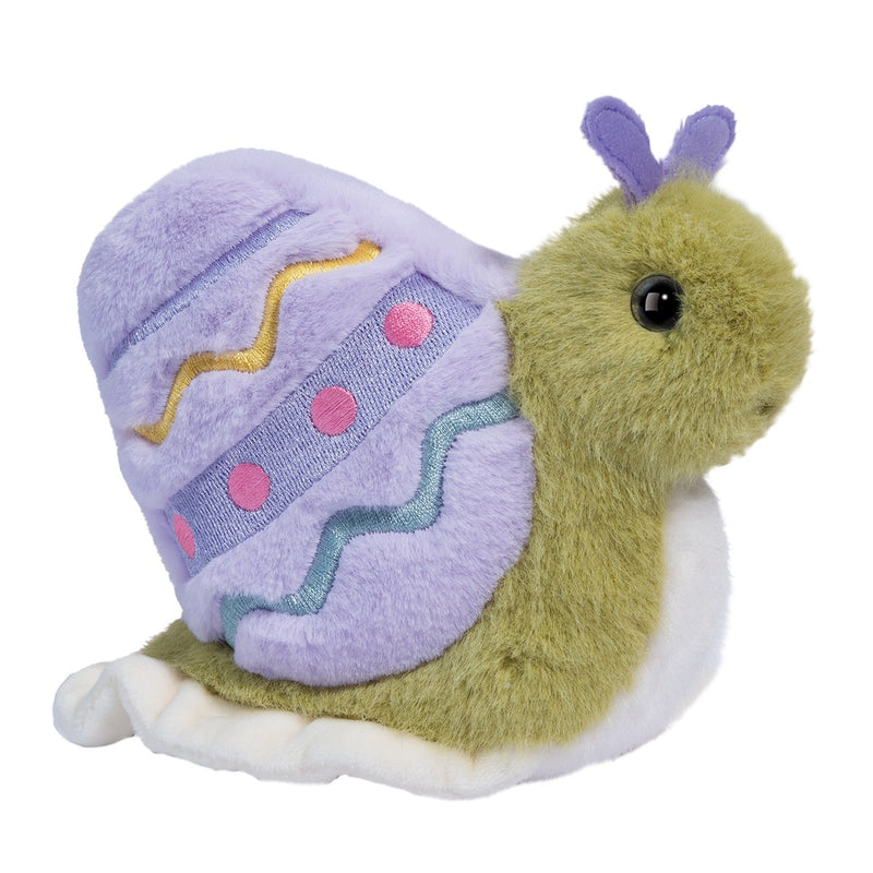 Purple and green plush snail toy with embroidered shell pattern