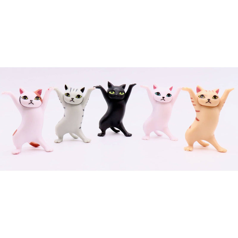 Five colorful dancing cat figurines with raised arms on white background