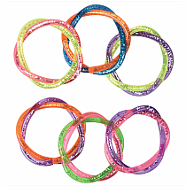 Colorful twisty glitter bracelets with rainbow spiral patterns on white background