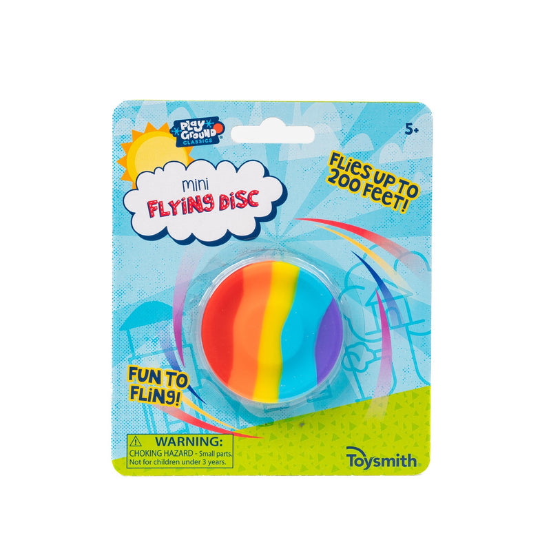 Playground Classics Mini Flying Disc rainbow colored frisbee toy package by Toysmith