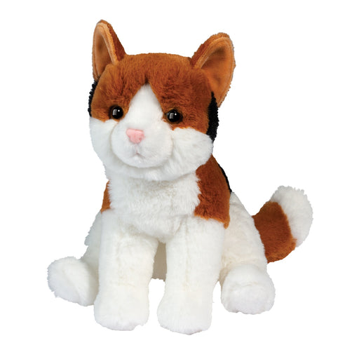 Patches Calico Cat plush toy with orange, white and black fur sitting upright