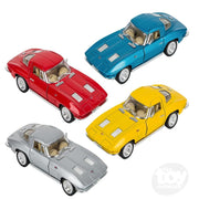 Four 1963 Corvette Sting Ray die-cast model cars in red, blue, yellow, and silver