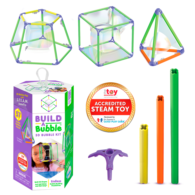 Build-A-Bubble 3D kit showing geometric bubble structures and colorful components with packaging