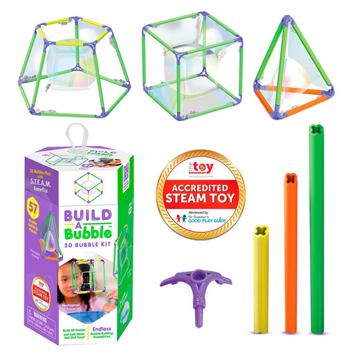 Build-A-Bubble 3D kit showing geometric bubble structures and colorful components with packaging