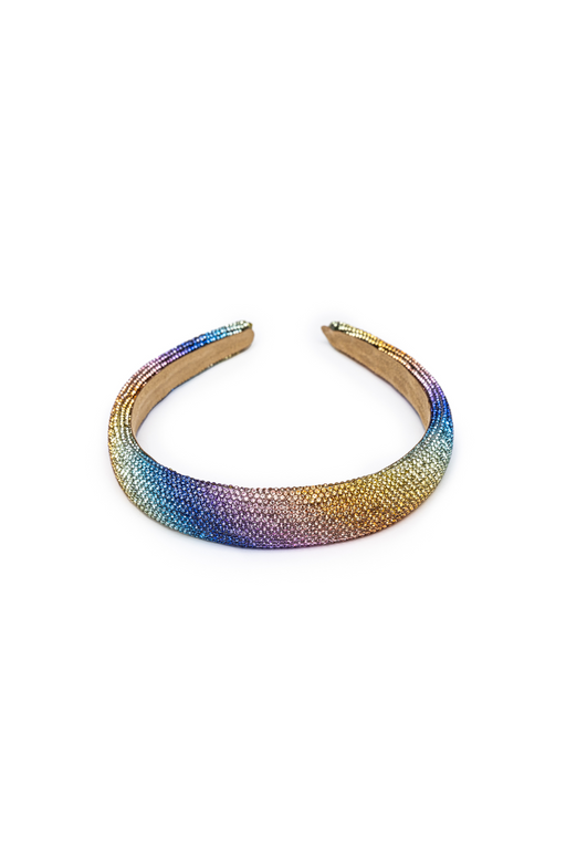 Rainbow sparkle headband with iridescent beaded surface on white background