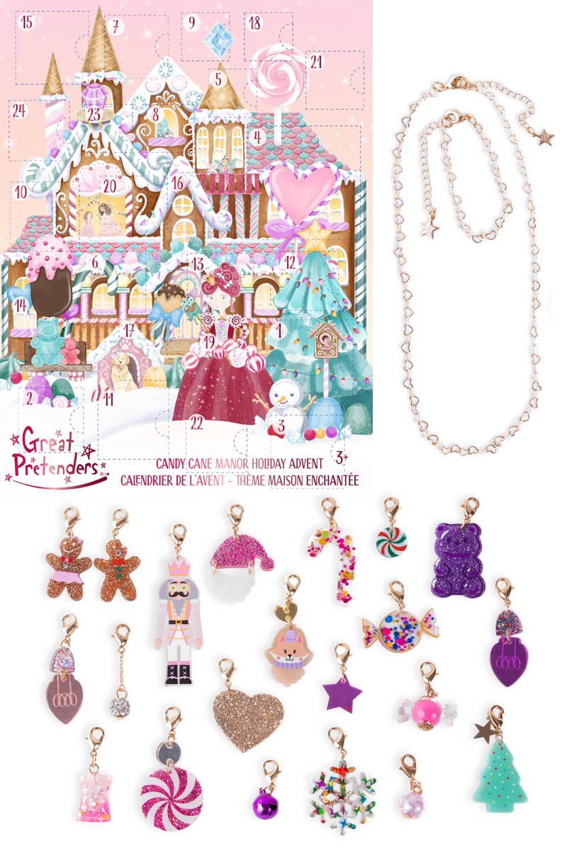 Great Pretenders Candy Cane Manor Holiday Advent Calendar with jewelry charms and necklace