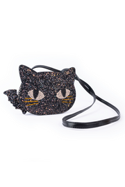 Black glitter cat-shaped crossbody purse with embroidered face and whiskers