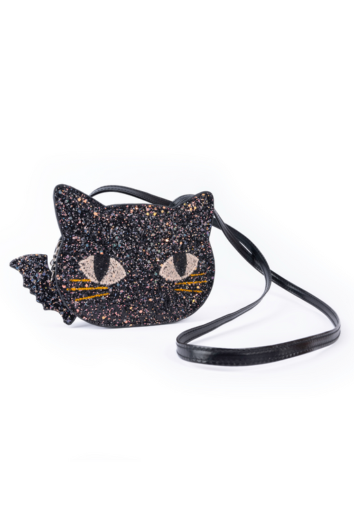 Black glitter cat-shaped crossbody purse with embroidered face and whiskers