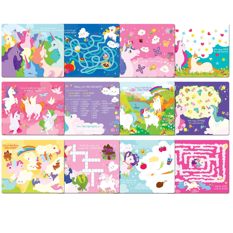 Unicorn Fantasy dry erase activity book showing twelve colorful activity pages with puzzles and games