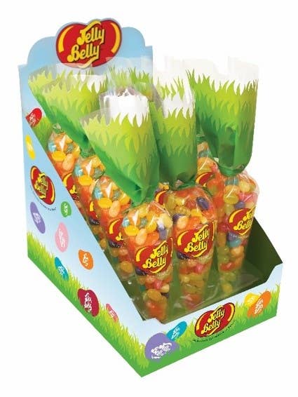 Jelly Belly carrot-shaped bags filled with colorful jelly beans in display box